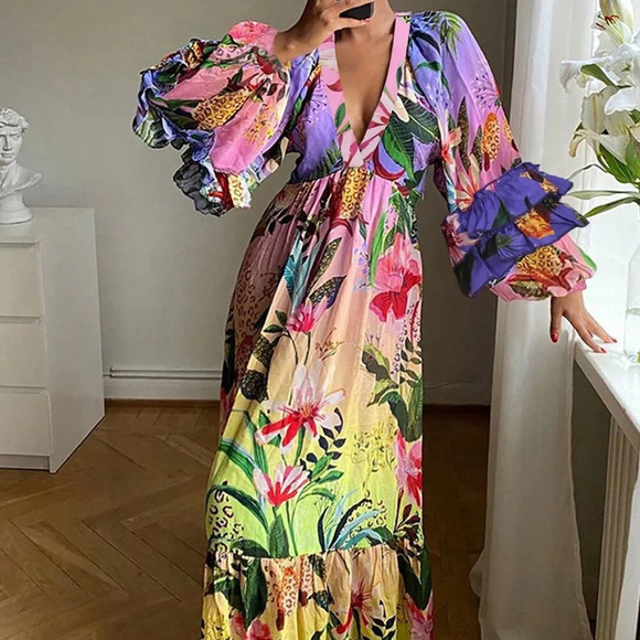 Dresses & Skirts - Mauve Purple Boho Women's Large V-Neck Long Sleeve Printed Long Dress